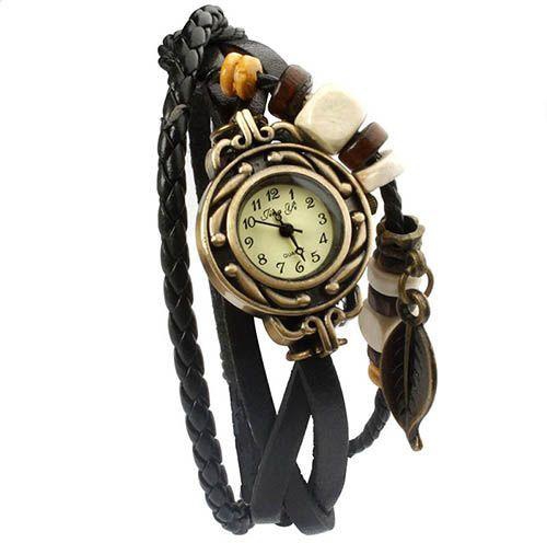 Leather Vintage Watch ساعة حريمي جلد اسود