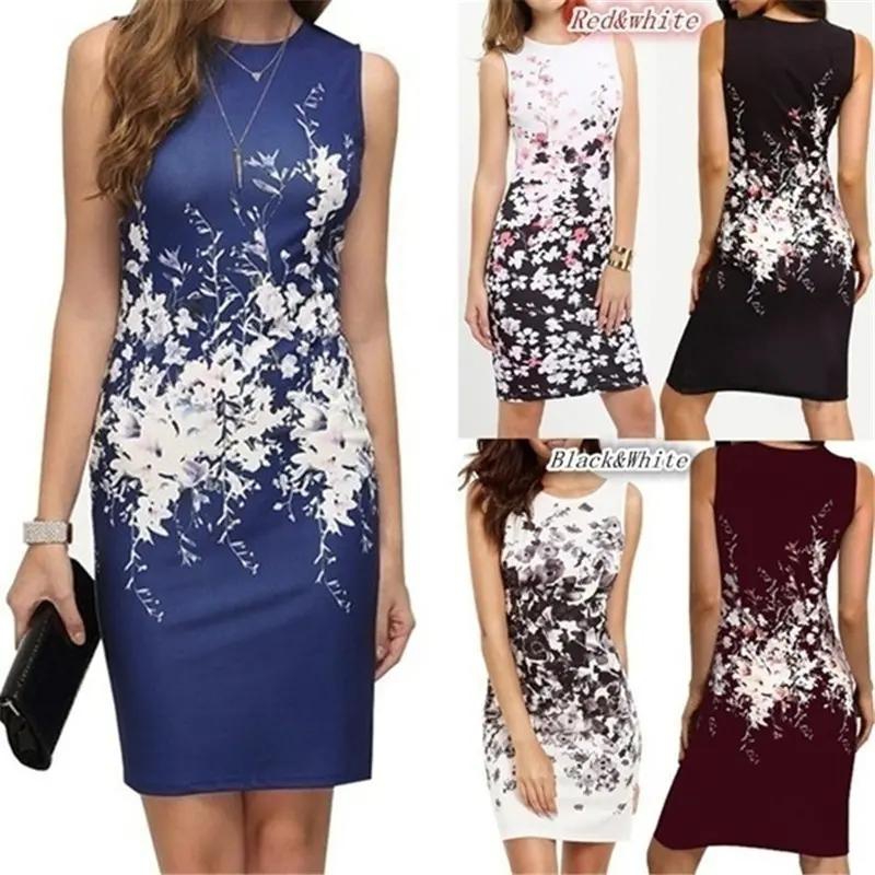 New Fashion Summer Floral Print Dress Sleeveless Party Dresses Women Clothing Vintage Bodycon Dress