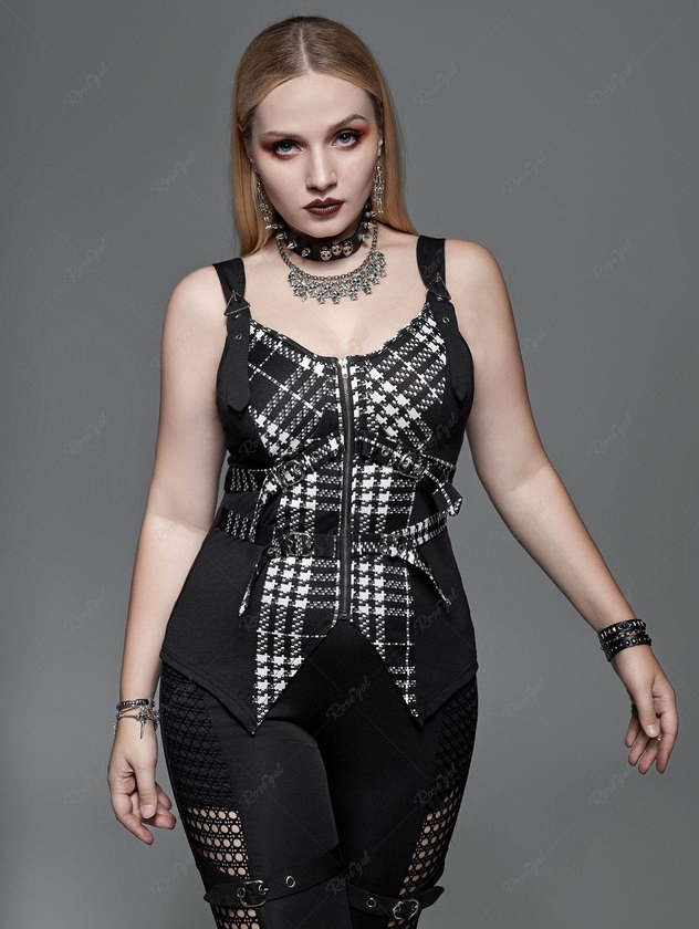 Gothic Plaid Buckled Grommets Zip Front Asymmetrical Tank Top - M | Us 10