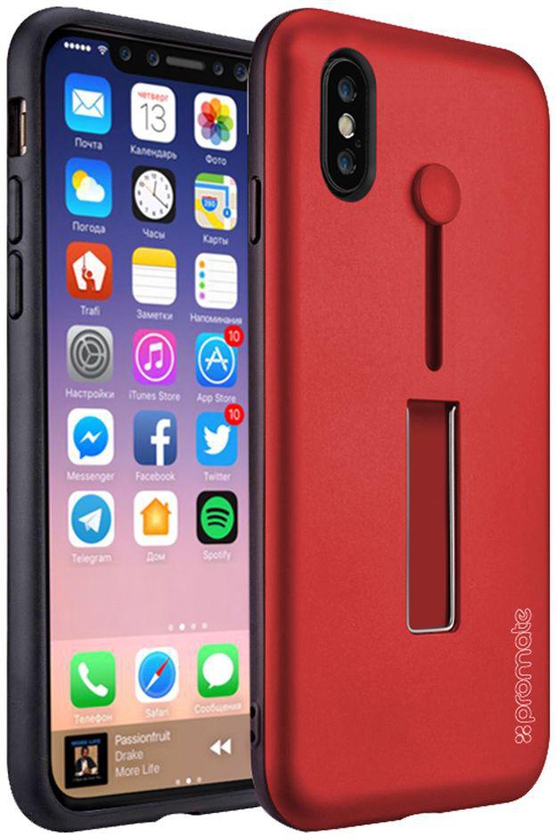 Promate iPhone X Case Cover, Ultra-Slim Heavy-Duty Hard Protective Case with Finger Grip Strap, Scratch Resistance and Kickstand Shock-Absorption for Apple iPhone X / iPhone 10, MountCase-X Red