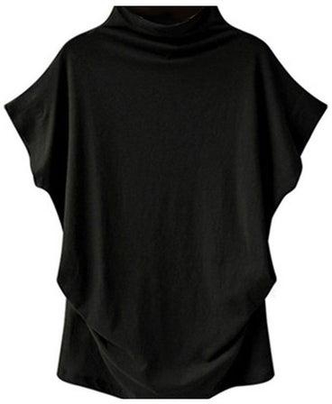 Plain Batwing Sleeve Side Pleats Turtleneck T-Shirt Black