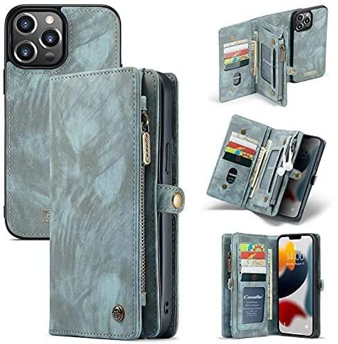 caseme Leather Flip Wallet Case for iPhone 13 Pro Max,Detachable Back Magnetic Closure 2-in-1 Shockproof Zipper Purse Cover with Card Slots (Green)