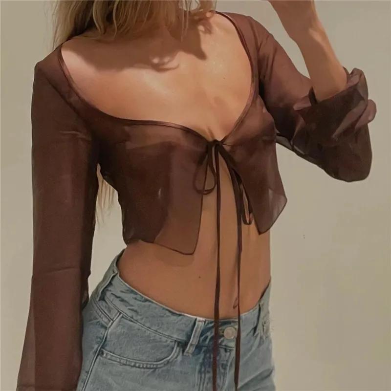 Vintage Aesthetic Crop Top Summer Women Mesh Long Sleeve T Shirt Lace Up Bandage Clothes y2k Clothes Casual Grunge Tees