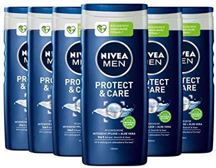NIVEA MEN Protect & Care Shower Gel (6 x 250 ml), Moisturising Shower Gel with Aloe Vera, Mild Shower for Masculine Nourished Skin