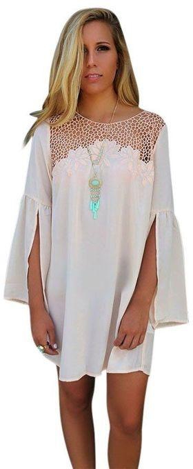 Sunweb Hollow Out Floral Lace Patchwork Split Flare Sleeve Casual Loose Chiffon Mini Dress White