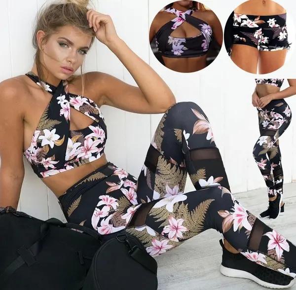 Women Fashion Sexy Hollow Short Crop Tops Printed Yoga Sports Bra Underwear Sport Pants sets