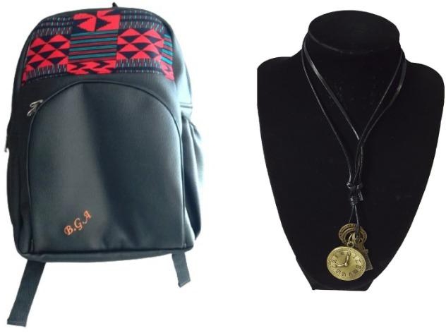 Black Leather ankara laptop bag with leather necklace