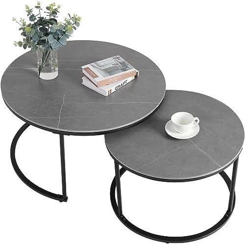 Wisfor Nesting Tables Set of 2: Nesting Coffee Table Round Coffee Table Coffee Table Round Grey Set Sofa Side Table with Metal Legs Modern Center Table for Living Room Corner Bedroom Home Office Decor