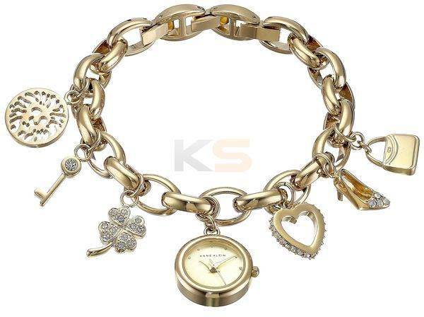 Anne Klein Women's Swarovski Crystal Gold-Tone Charm Bracelet Watch (21-107604CHRM)