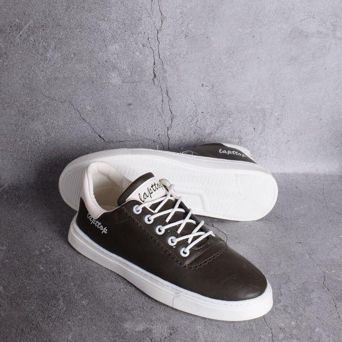 Round Toe Leather Lace Up Sneakers - Dark Olive & White