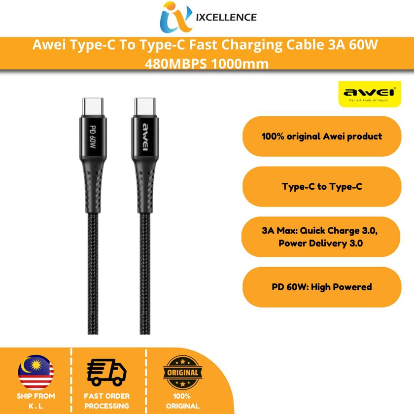 Awei Type-C to Type-C Fast Charging Cable 3A 60W 480MBPS (CL-111T)
