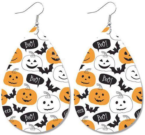 Halloween Pumpkin Bat Pattern Faux Leather Water Drop Dangle Earrings