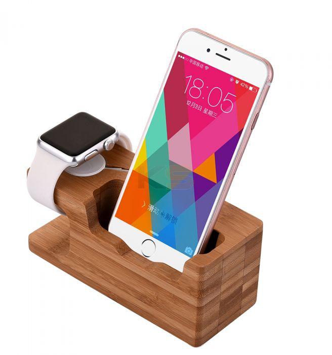YM-WD05-N Bamboo Wood 2-in-1 Apple Watch Stand Charger Dock Station Holder for iPhone