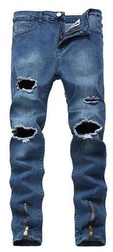 Fashion Men Ripped Skinny Jeans With Holes - Deep Blue