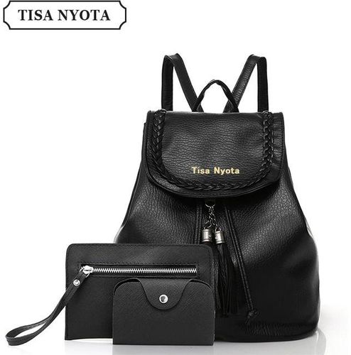 Tisa Nyota 3Pcs Women Backpack PU Leather Backpack Travel Shoulder Handbag-Black