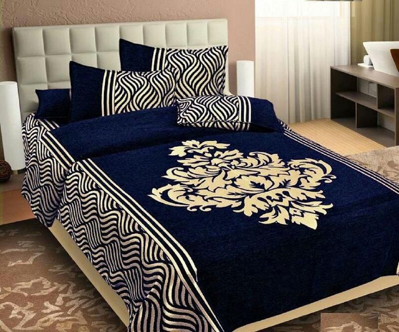 Bedsheet & Duvet With 4 Pillow Cases - Blue Fancy Chenille