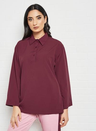 Collared Neckline Button Up Long Sleeves Modest Top Maroon