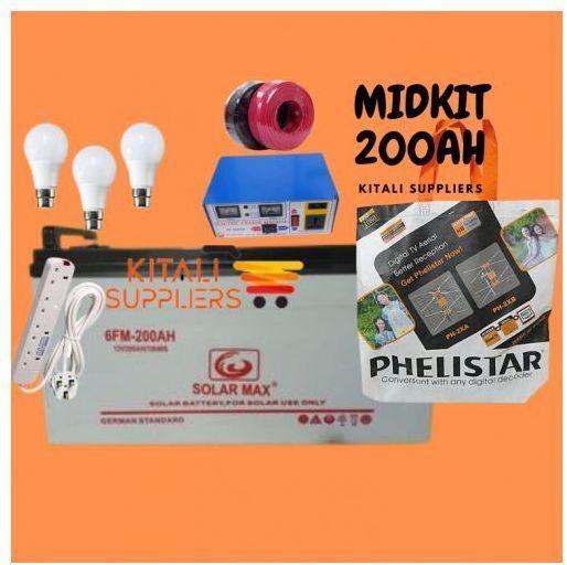 Solarmax 200AH Solar Battery + 150VA Inverter + Aerial + 3 DC Bulbs + 10M Solar Cable ( 5M Red + 5M Black