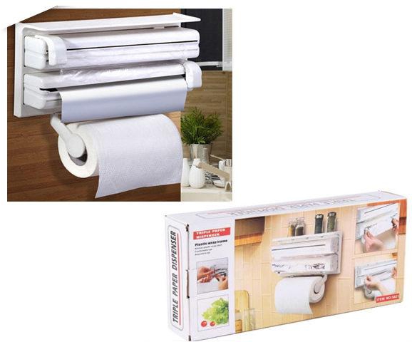 GTE 3-In-1 Multipurpose Kitchen Triple Paper Roll Dispenser Holder (White)