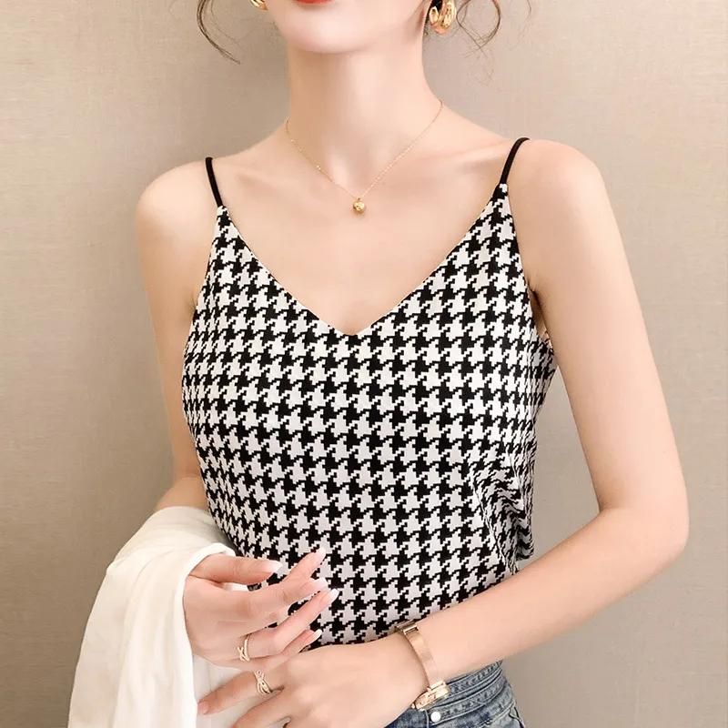 Summer Plaid Tank Tops For Women Sexy V-neck Crop Top Female Basic Top Femme Slim Sleeveless Top