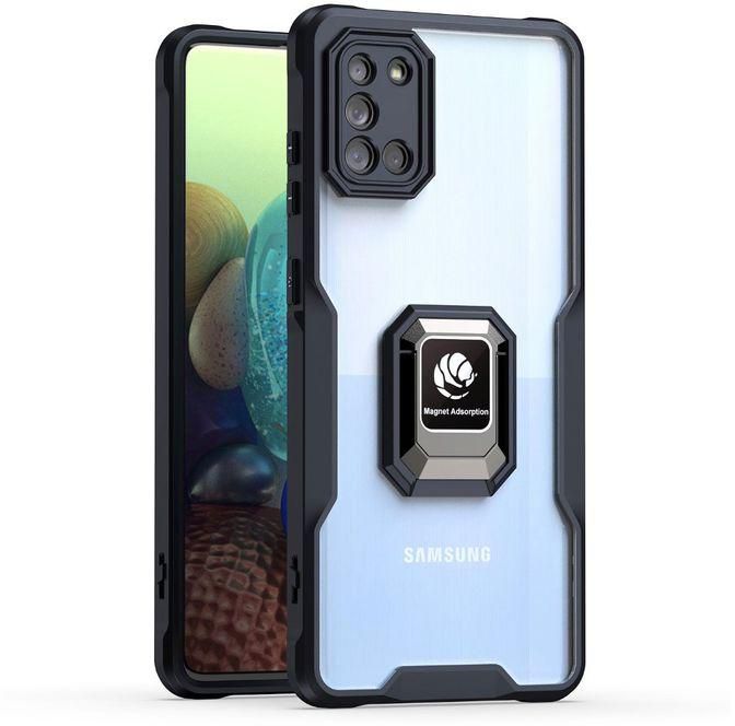 جراب هاتف Samsung Galaxy A21s كفراصلي ومقاوم للصدمات مصنوع من الأكريليك، يتضمن حاملًا مدمجًا في الظهر - شفاف وحواف سوداء.