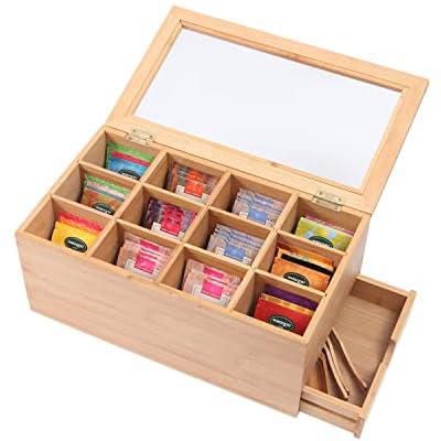 VESTAhome Premium Bamboo Tea Box (35 x 20 x 15 cm) Large Wooden Tea Bag Storage Box with Acrylic Glass Viewing Panel - 12 Adjustable Compartments - Tea Box