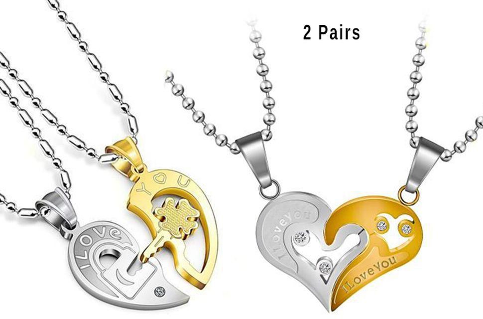 Couple Chain Necklaces Heart Pendant Puzzle 2pair