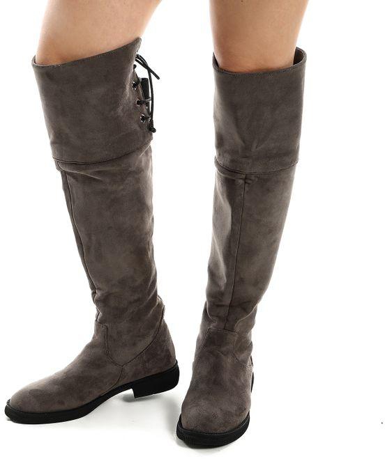 Mr Joe Adjustble Back Lace Suede Over The Knees Boot - Grey