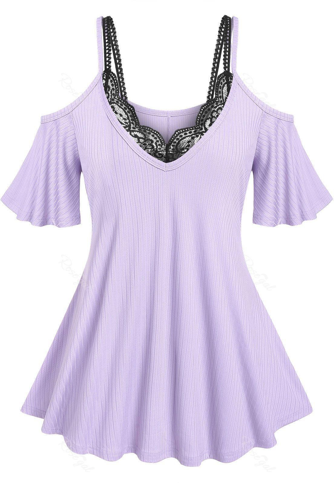 Plus Size & Curve Ribbed Open Shoulder T-shirt and Lace Bralette Top Set - L