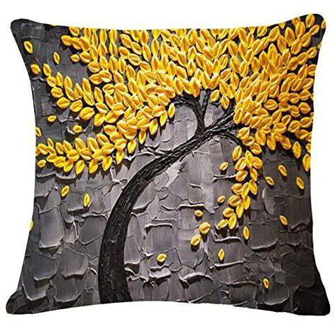 Oil Black Background Yellow Big Tree Painting Non 3D Effect Birthday Gift Square Cotton Linen Throw Pillow Case Cushion Cover Outdoor Bedroom Home Sofa Decorative 18 X 18 Inch (Cream)