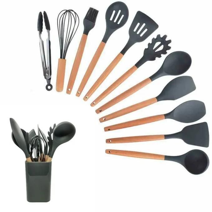 Generic Silicone Kitchen Cookware Spoon Utensil Set 11 Piece With Wooden Handle And Tin