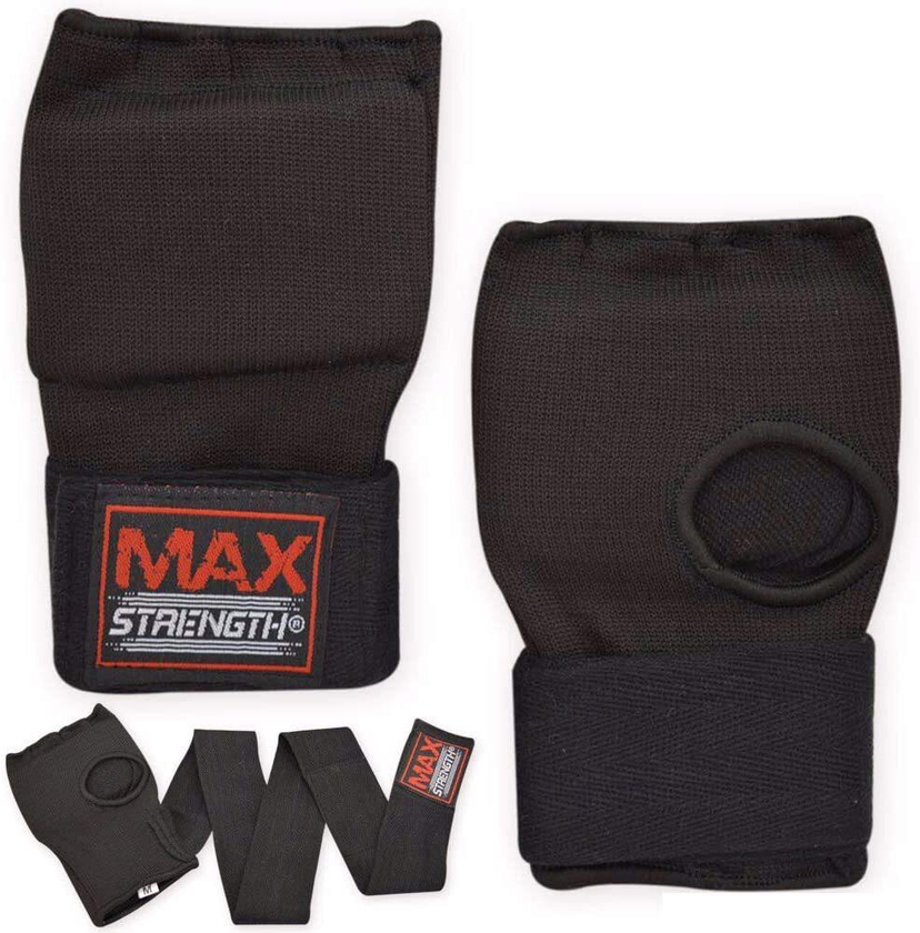 Max Strength Boxing Hand Wraps Inner Gloves For Punching Knuckle And Fist Protection Elasticated Long Wrist Wrap Great For MMA, Muay Thai, Kickboxing &amp; Martial Arts Weight Lifting Gym S/M, Black
