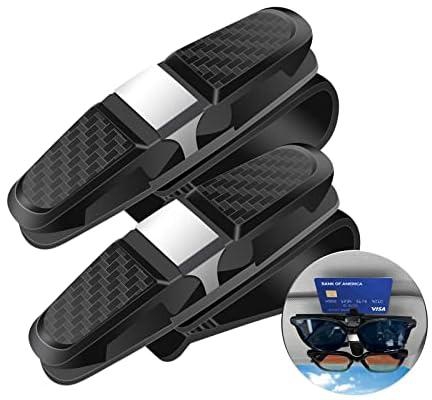 2 Pieces Sunglasses Holder for Car Sun Visor, Universal Car Sunglasses Holder, Eyeglass Mount with Double-Ends Ticket Card Clip, 180-Degree Rotational Clip (Black)