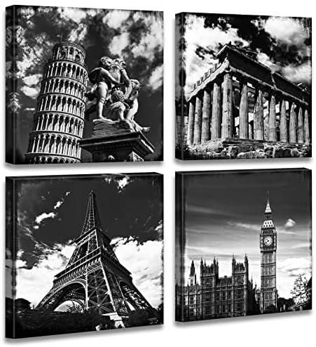 Black and White Building Wall Art for Living Room Contemporary European Famous Architecture Leaning Tower of Pisa Eiffel Parthenon London Elizabeth City Big Ben Canvas Pictures Paintings Christmas