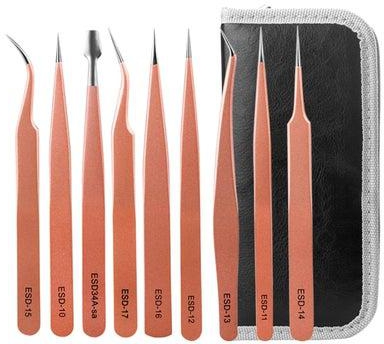9-Piece Multi Functional Tweezers Set With Case Rose Gold/Silver