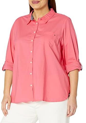 Tommy Hilfiger Women's Plus Button Down Long Sleeve Collared Shirt with Chest Pocket, Rosette, 1X, Rosette, XL Plus