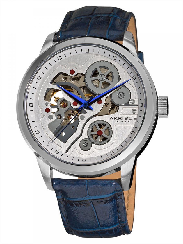 Akribos XXIV Men's Silver Automatic Dial Leather Band Skeleton Watch [AK538BU]