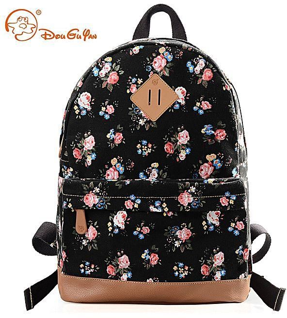 Fashion Women Floral Print Backpack - Black