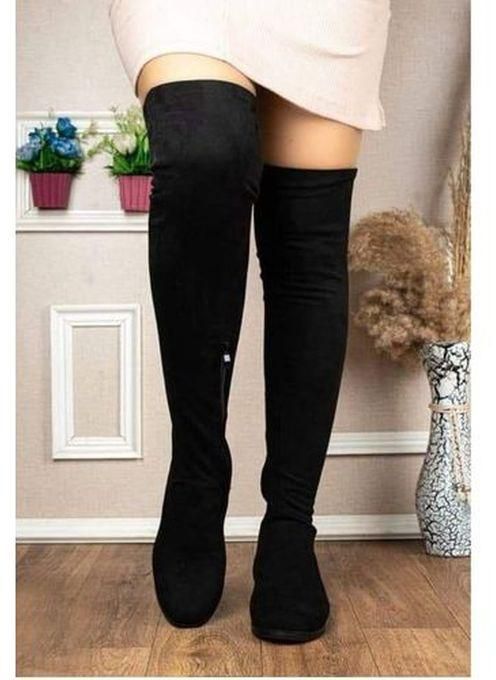 . Over The Knees Boot Black Color Suede Lycra