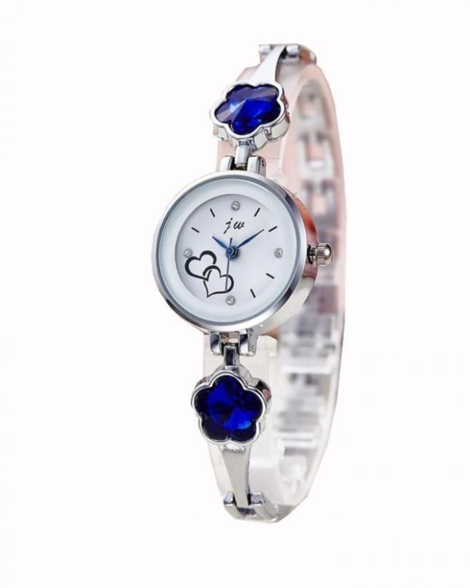 J&W Classic Watch With Sky Blue Studs -Silver Strap