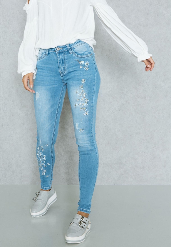 Embroidered Ripped Skinny Jeans