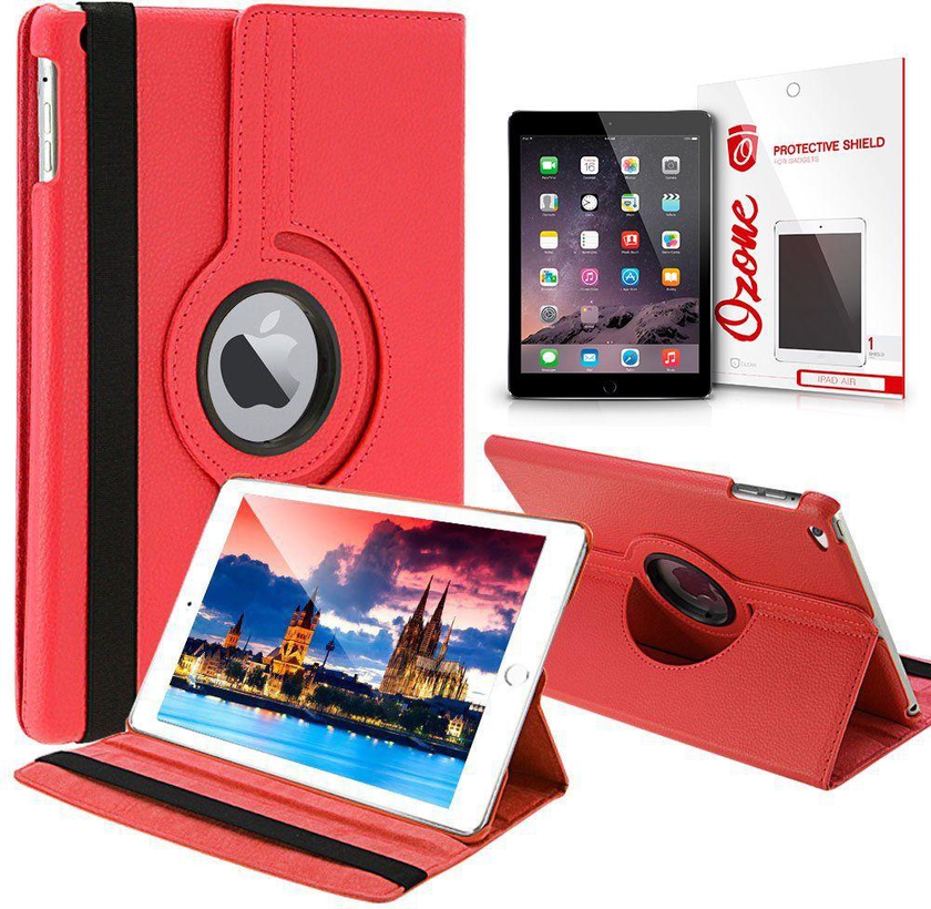 360 degree Rotating Smart PU Leather Case Cover with Ozone Screen Protector for iPad Air 2 -Red