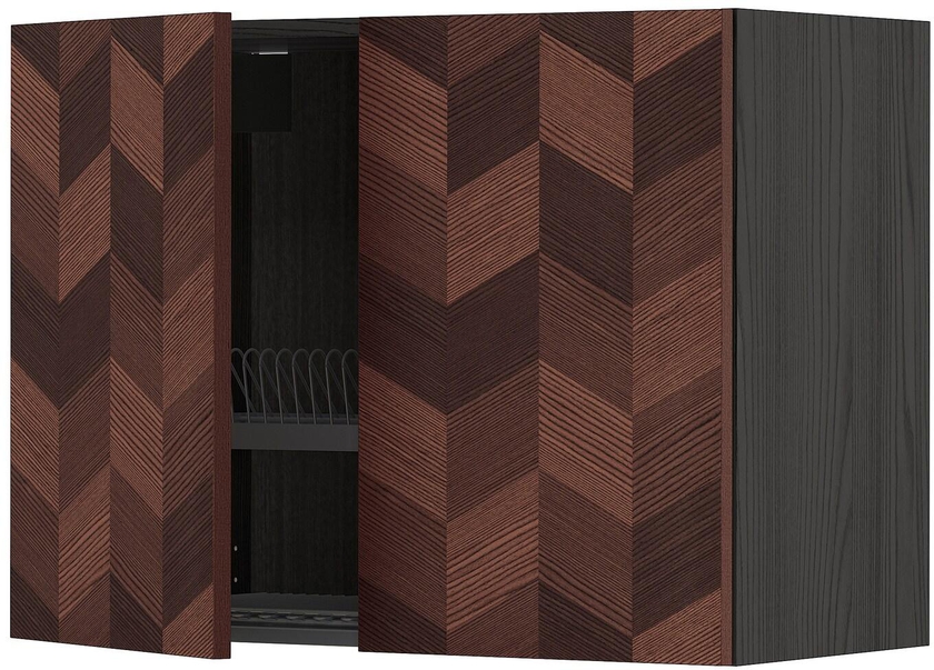 METOD Wall cabinet w dish drainer/2 doors - black Hasslarp/brown patterned 80x60 cm