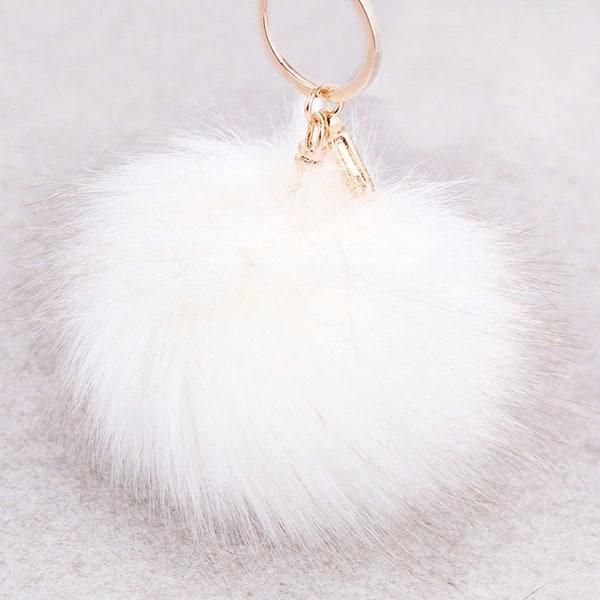 Round Fuzzy Ball Keyring - White