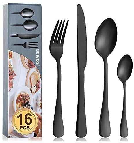 Cutlery Set, BEWOS 16-Piece Matt Black Stainless Steel Flatware Set, Silverware Tableware Set with Spoon Knife and Fork Set, Service for 4, Easy Clean/Dishwasher Safe