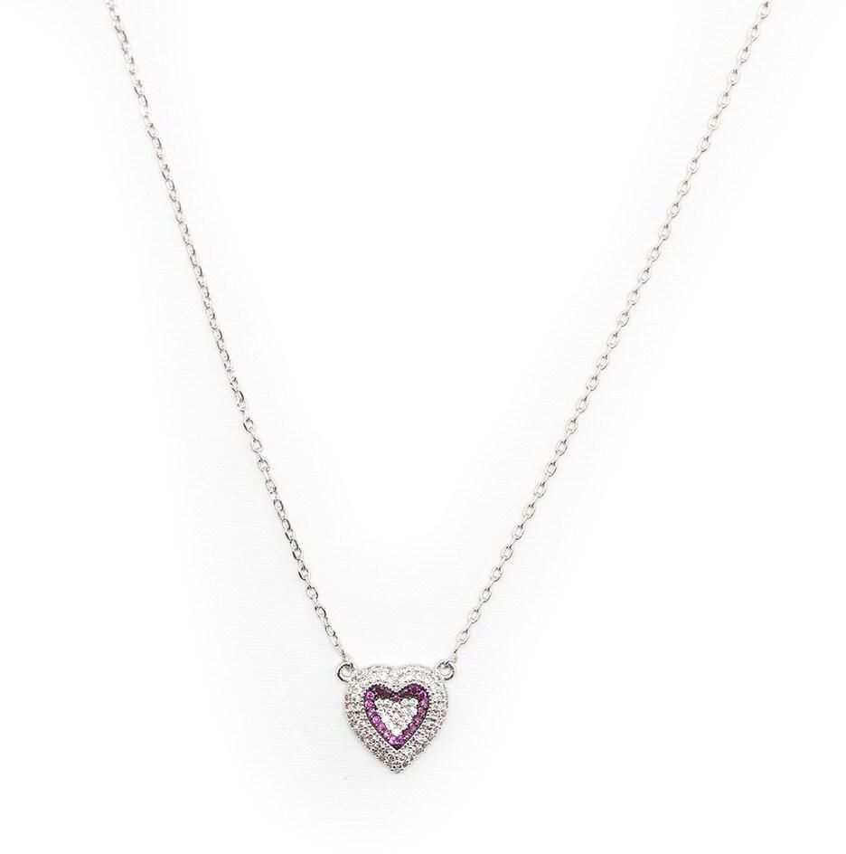 TANOS - Silver Plated Chain Necklace Pink  Heart Shape Full Zircon Microsetting
