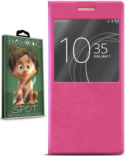 Spot Window View Cover for Sony Xperia XA1 Ultra - Pink + Spot Glass Screen Protector