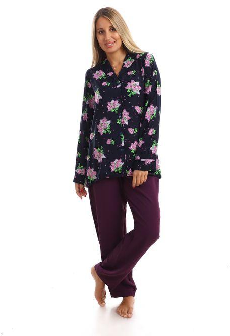 Kady Classic Floral Pyjamas For Summer - Navy Blue & Purple
