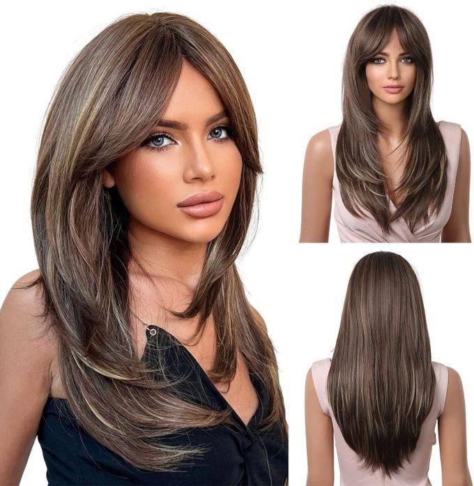 Women's Long Brown Wig With Blonde Highlights