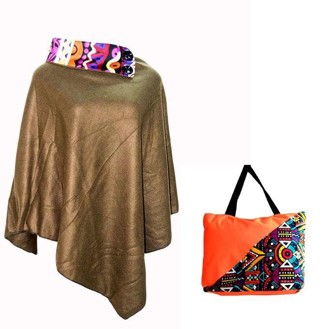 Fashion Ladies Brown Ankara Cotton Poncho With Canvas Bag